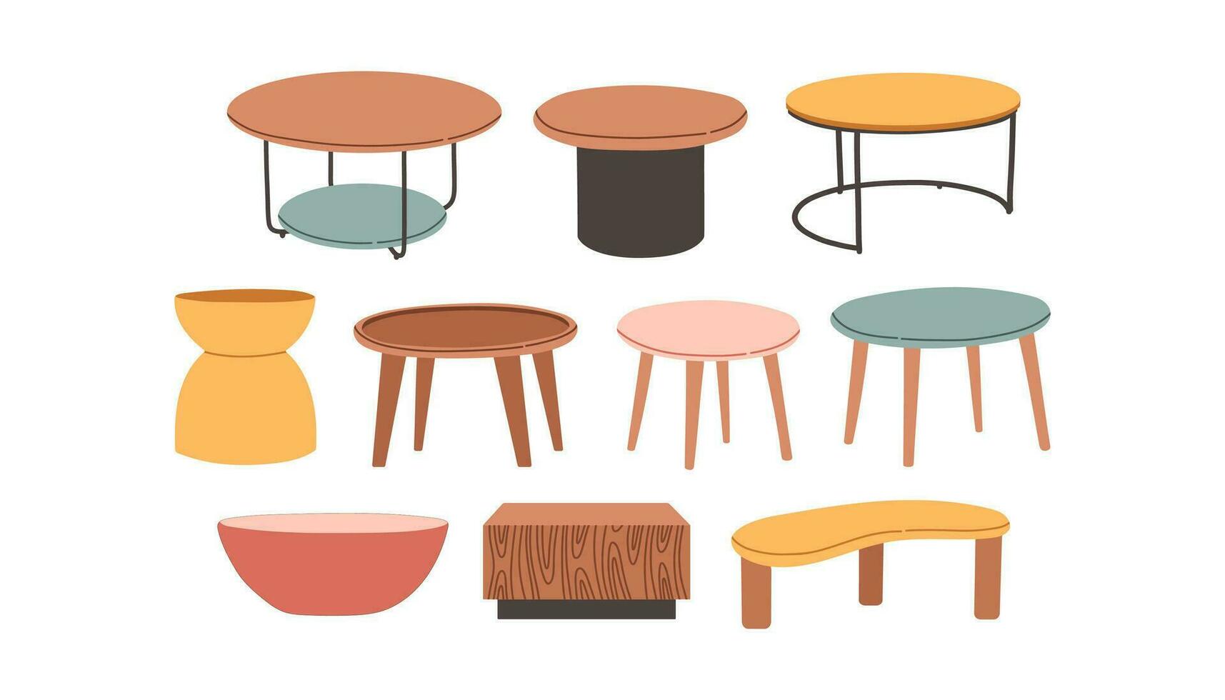 conjunto do mesas dentro escandinavo estilo. de madeira plano café mesa. vetor plano Projeto ilustração.