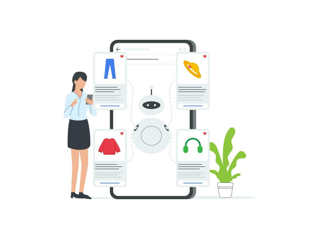 plano vetor ilustração do ai robô assistências mulher dentro produtos seleção em Móvel e comércio plataforma, fornecendo personalizado sugestões Sediada em ai algoritmos.