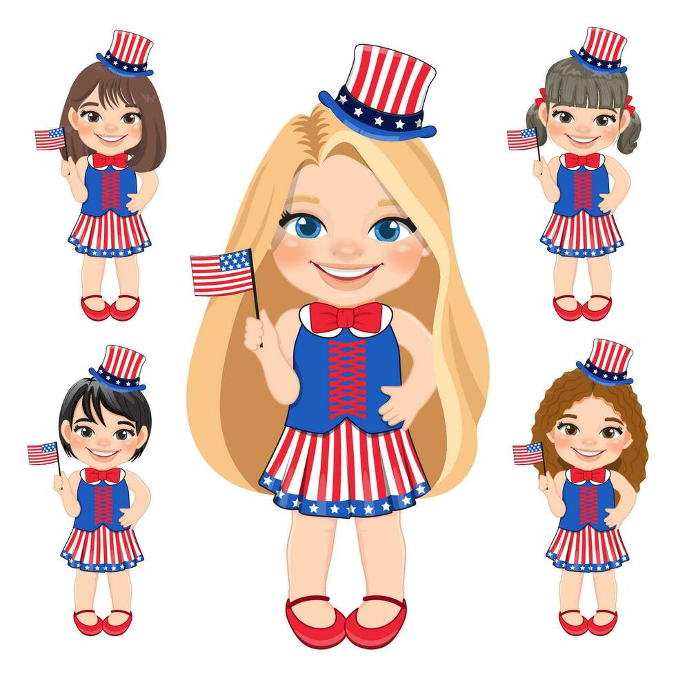 conjunto do americano meninas retrato a comemorar 4º do Julho independência dia com fantasia, segurando bandeiras, plano ícone estilo vetor