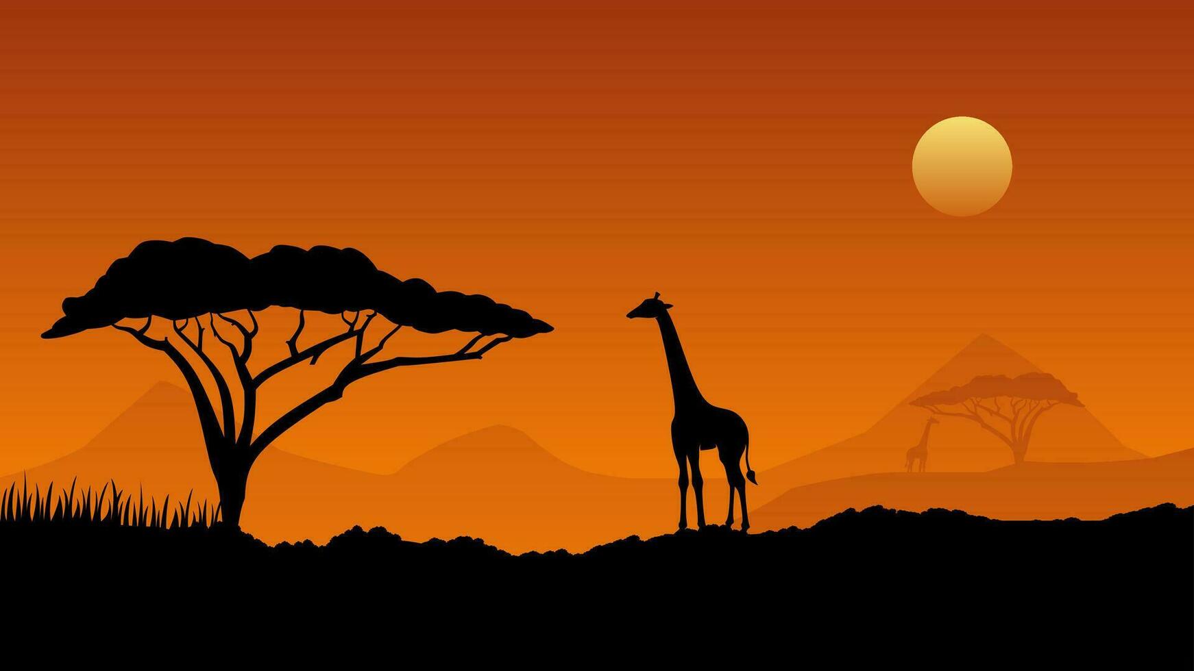 animais selvagens panorama vetor ilustração. animais selvagens África savana do girafa com africano árvore e pôr do sol céu. animais selvagens silhueta panorama para fundo, papel de parede, exibição ou aterrissagem página