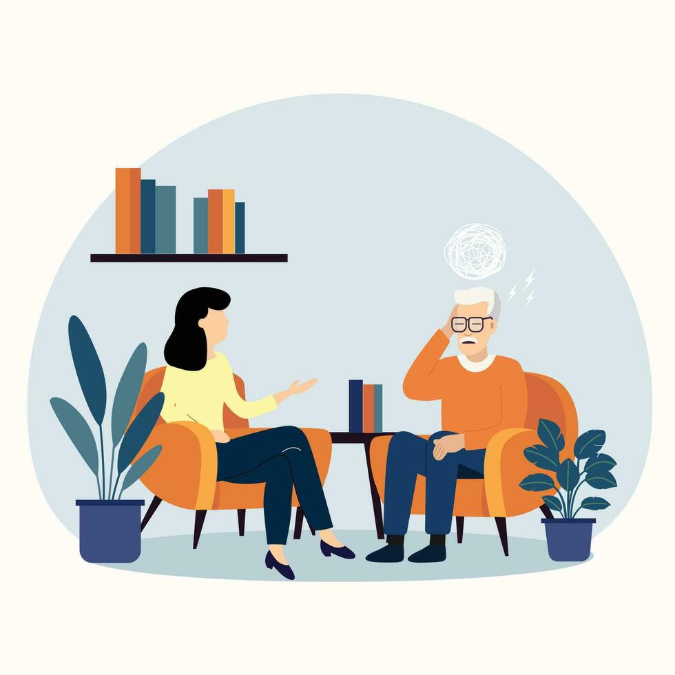 psicoterapia sessão.senior homem falando para psicólogo sentado em sofá. plano estilo vetor ilustração.