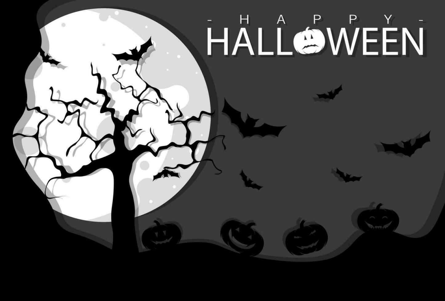 dia das Bruxas, uma com tema de halloween fundo, uma brilhando lua, abóbora sombras, árvore sombras, velório peg sombras, e morcegos vetor