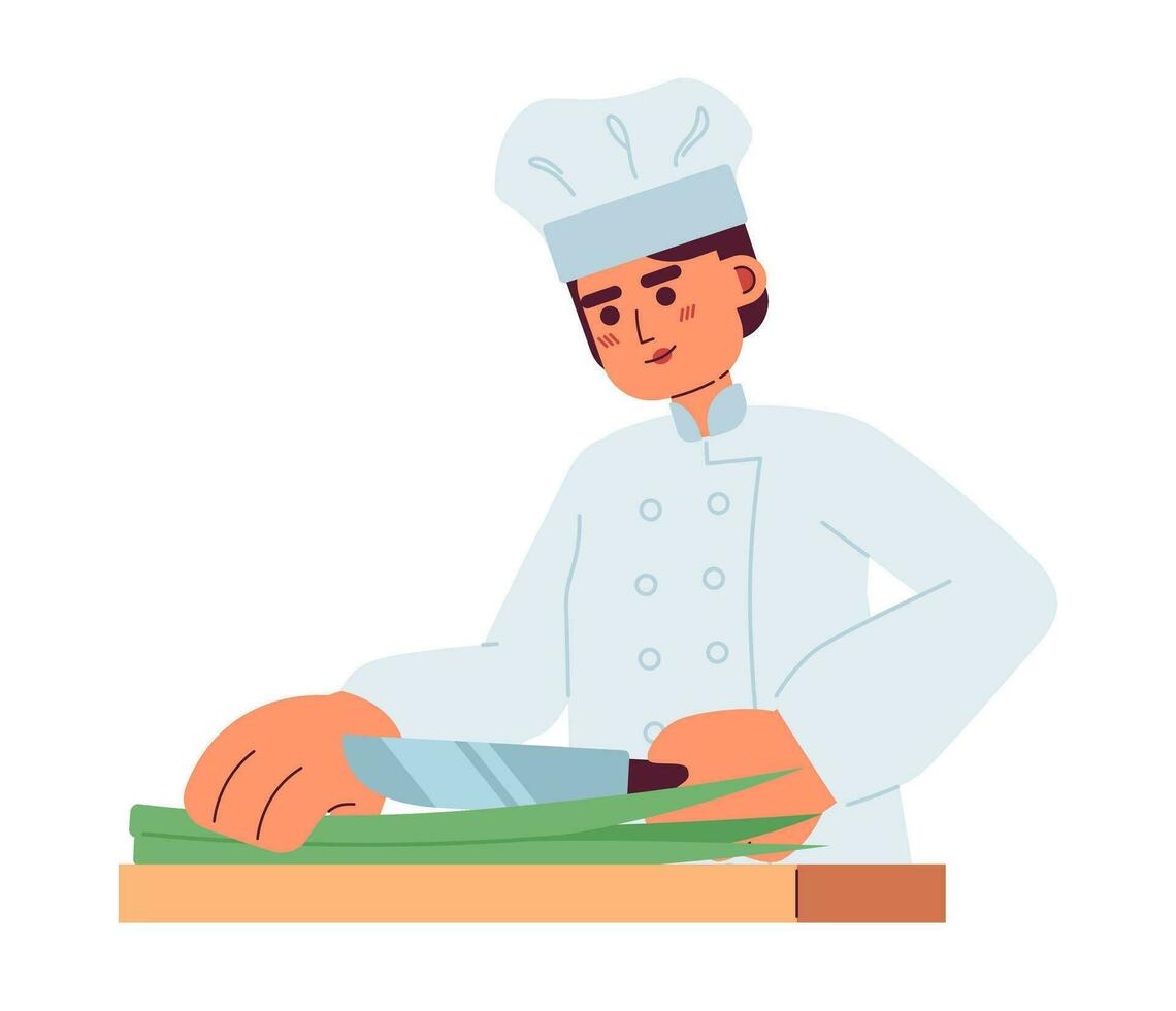 masculino chefe de cozinha preparar Comida semi plano colorida vetor personagem. editável metade corpo caucasiano cozinhando pessoa em branco. simples desenho animado local ilustração para rede gráfico Projeto