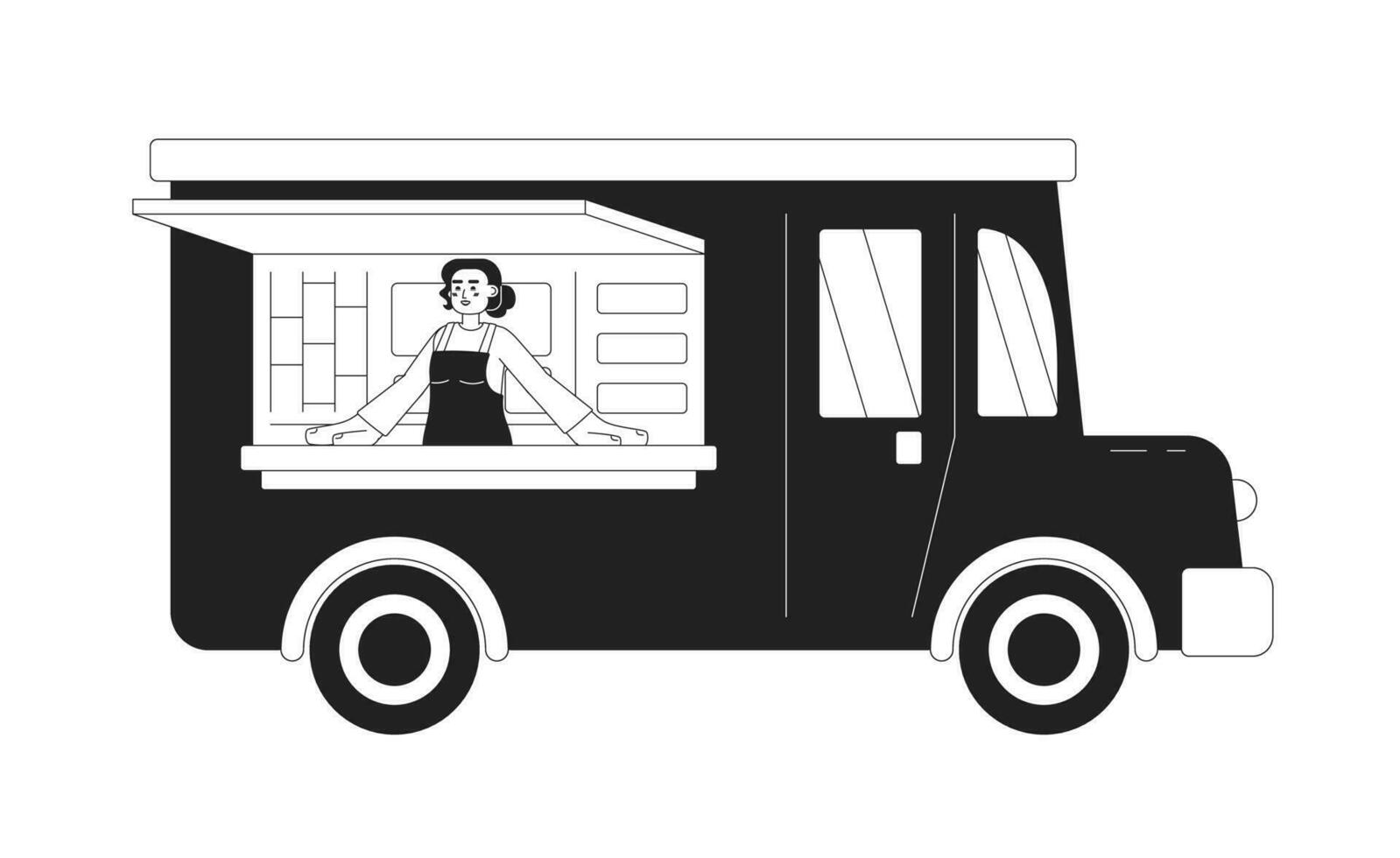 feliz menina dentro Comida caminhão monocromático plano vetor personagem. editável fino linha metade corpo fêmea chefe de cozinha cozinhando e vendendo rua Comida em branco. simples bw desenho animado local imagem para rede gráfico Projeto