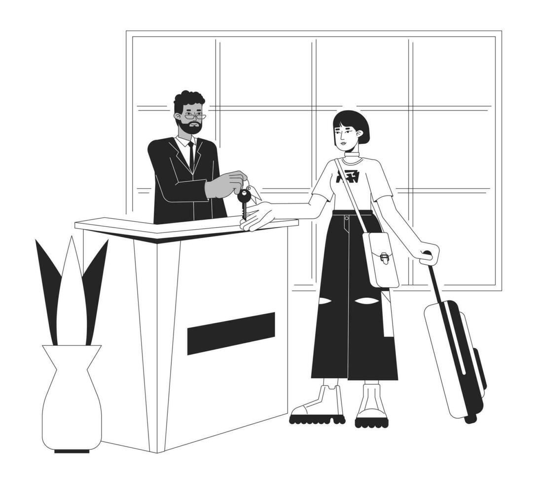 hotel lobby Verifica dentro bw vetor local ilustração. recepcionista dando quarto chave para ásia turista 2d desenho animado plano linha monocromático personagens para rede ui Projeto. editável isolado esboço herói imagem