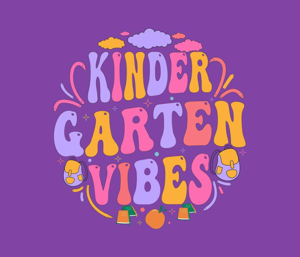 Jardim da infância vibrações, costas para escola, colorida tipografia camiseta Projeto vetor