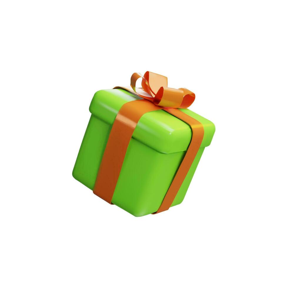 realista verde presente caixa com laranja fita arco isolado em uma branco fundo. 3d render flutuando moderno feriado surpresa caixa. argila, plástico vetor ícone para presente, aniversário ou aniversário faixas