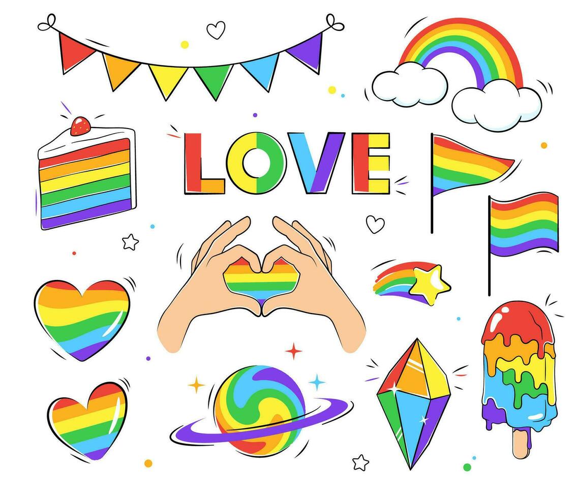 conjunto do lgbt ícones, amor, orgulho ilustrações vetor