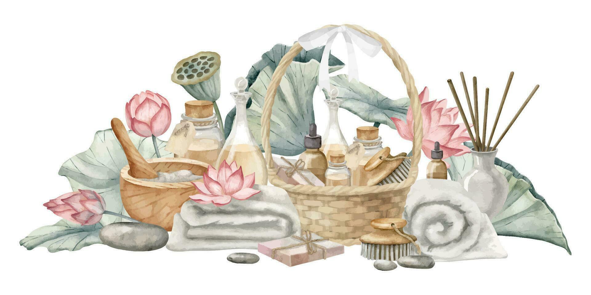 spa eco produtos dentro cesta do cosméticos e Rosa lótus. mão desenhado aguarela ilustração do corpo Cuidado artigos de higiene pessoal e flores em isolado branco fundo. desenhando do pele Cuidado óleos e Sabonete vetor