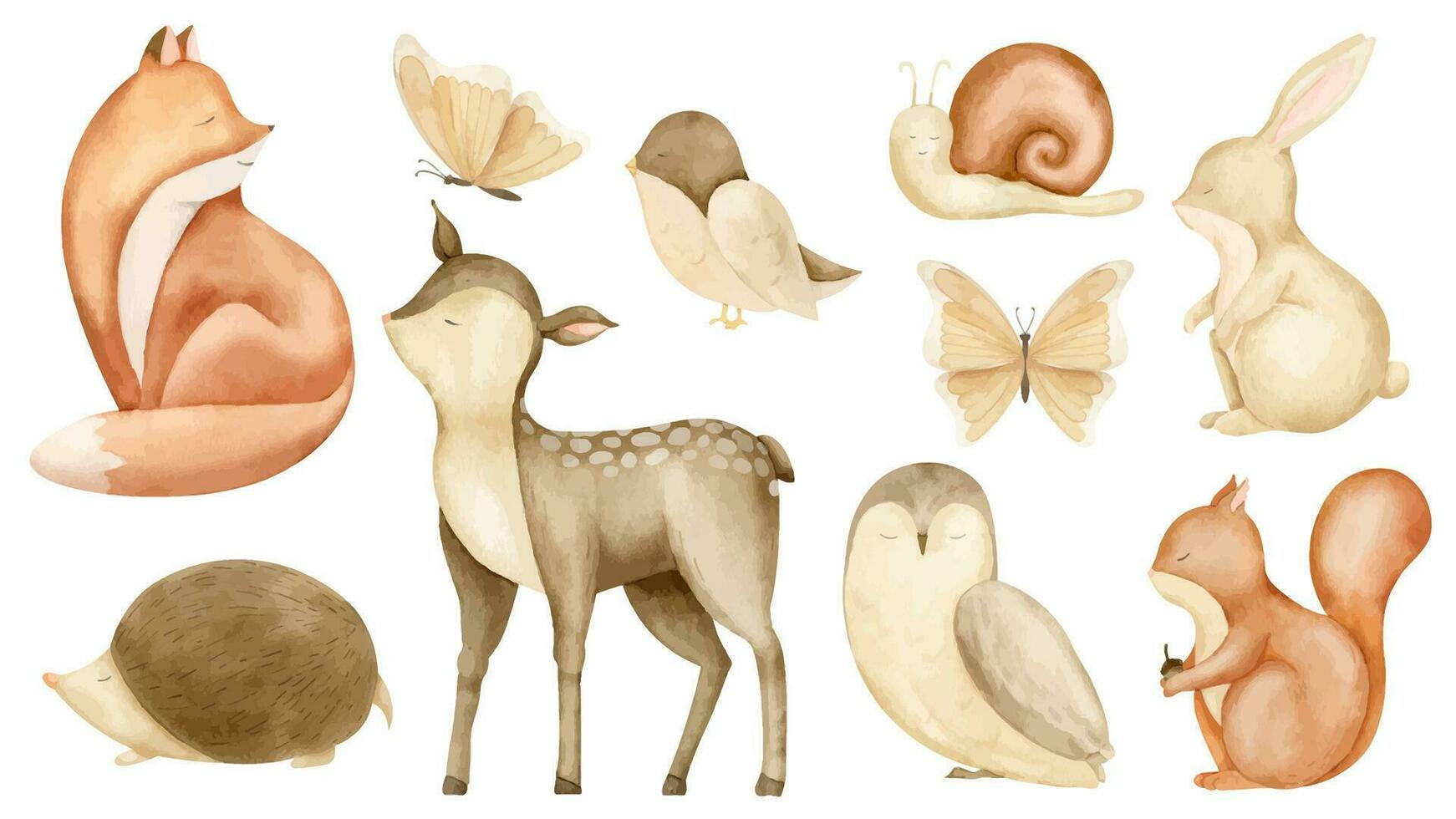 floresta animais definir. mão desenhado aguarela ilustração do bosque esquilo, Raposa e veado em branco isolado fundo para bebê chuveiro cumprimento cartões ou convites. Coelho e coruja para infantil Projeto vetor