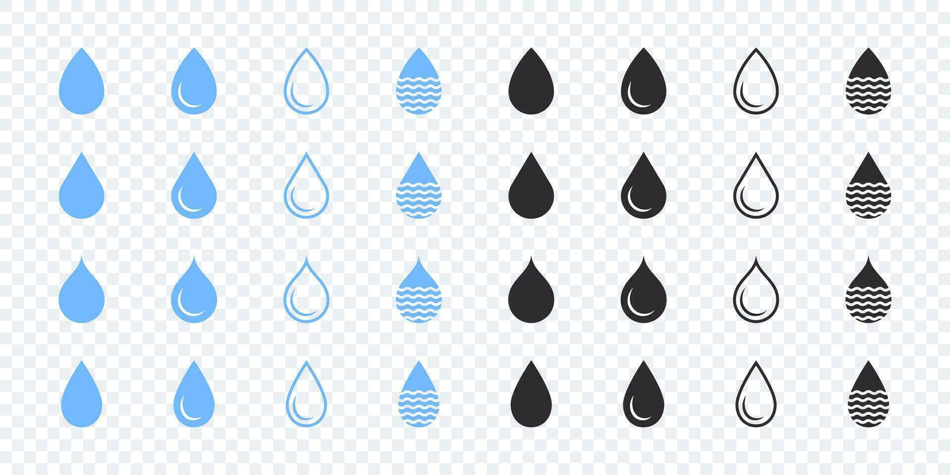 água gotas ícones definir. azul e Preto água gotas ícones. vetor escalável gráficos