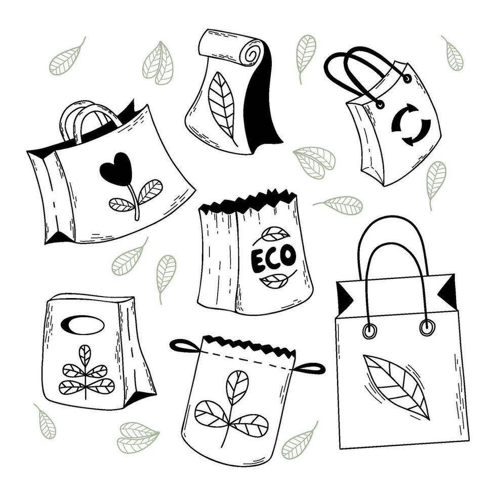 coleção ecológico bolsas. papel pacotes para mantimentos. mão desenhado doodle. vetor ilustração. isolado eco bolsas para Projeto.
