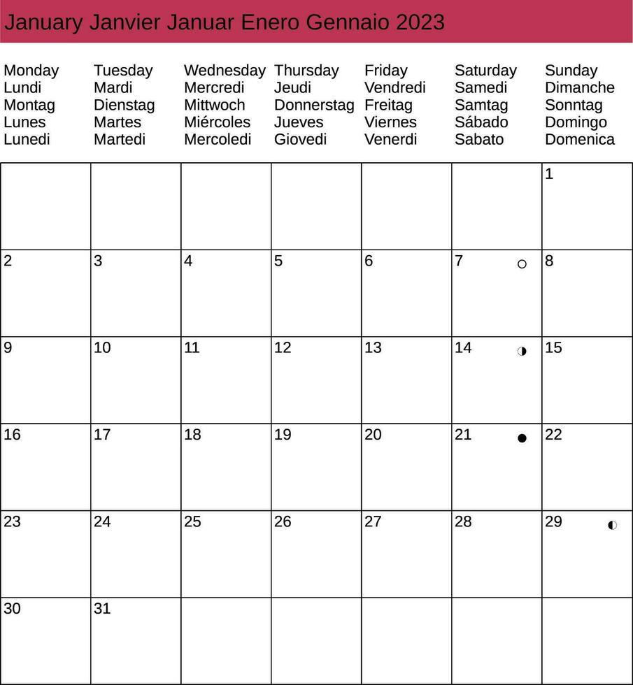 multilíngue janeiro 2023 calendário vetor