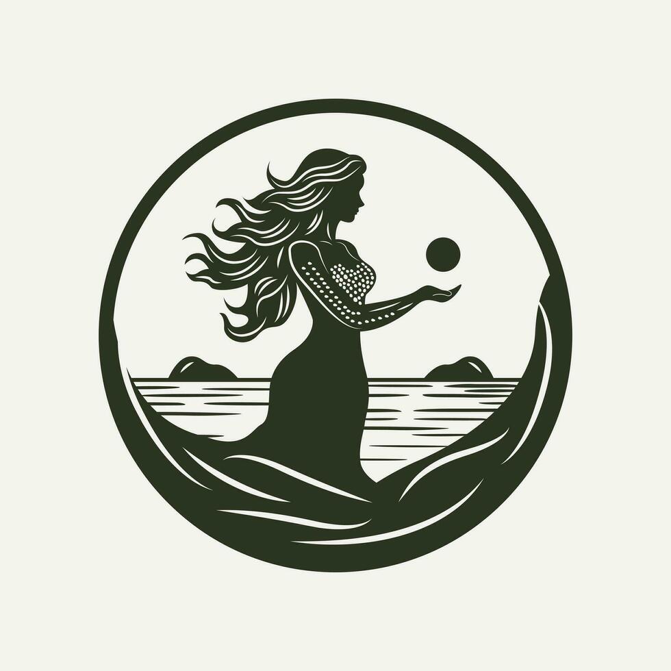 lindo mulher silhueta vetor ilustração. sereia dentro oceano logotipo emblema modelo. plano logotipo Projeto.