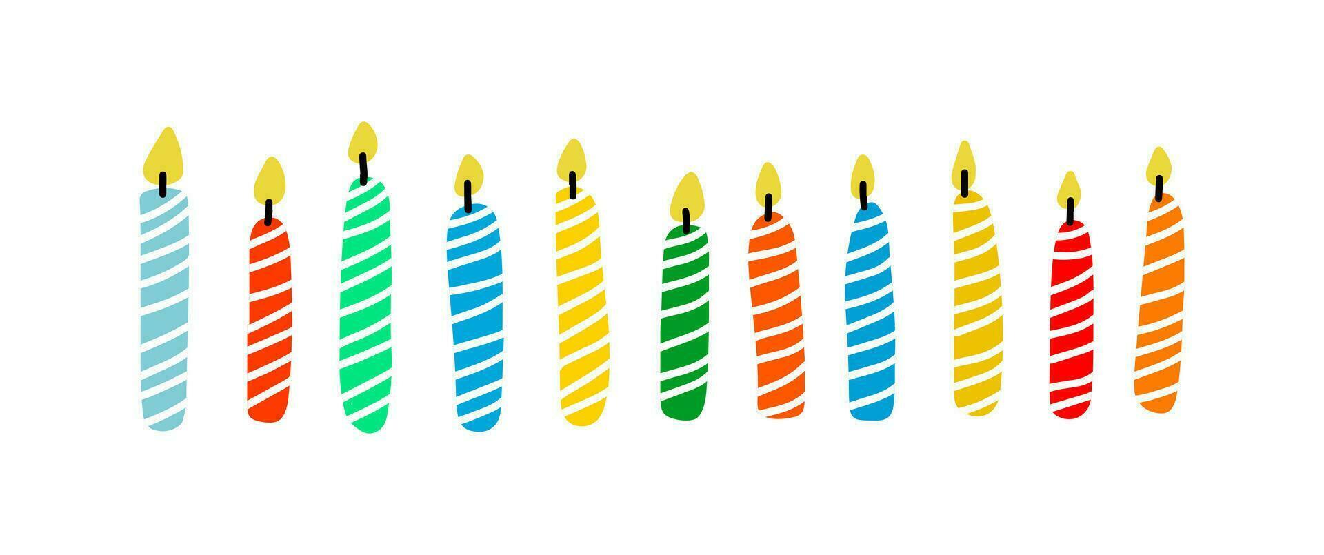 conjunto do fofa aniversário velas com chama. listrado velas mão desenhado vetor ilustração.