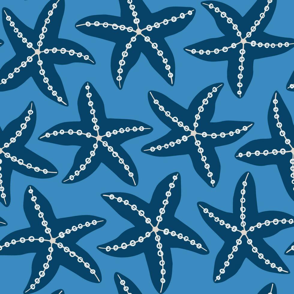 estrelas do mar desatado padronizar dentro branco, azul e areia cores. Estrela peixe repetir padronizar. verão de praia abstrato fundo. vetor