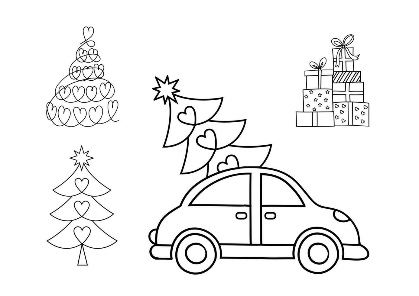 Novo anos conjunto linear carro imagem, presentes, Natal árvore vetor