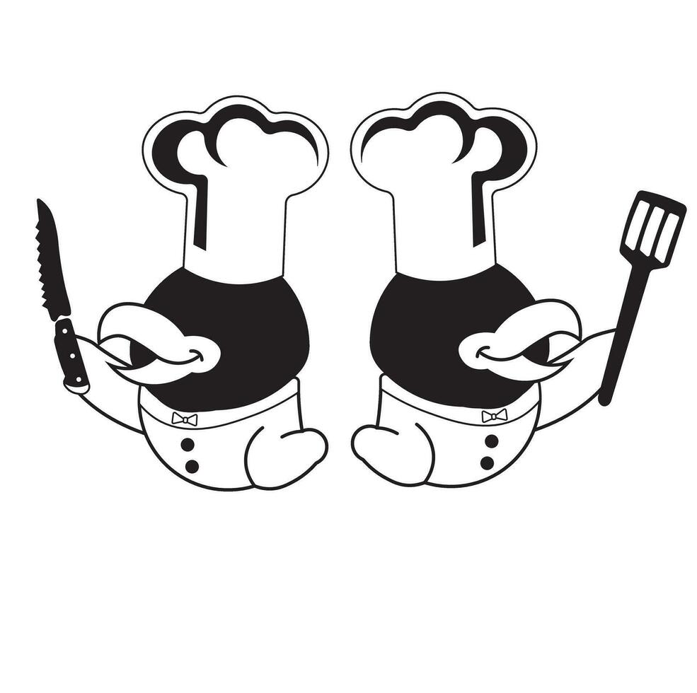 vetor ilustração silhueta Projeto do dois galinhas dentro chef uniforme, segurando faca e espátula. adequado para restaurante, logotipo, ícone, local na rede Internet, modelo, camiseta projeto, empresa, anúncio.