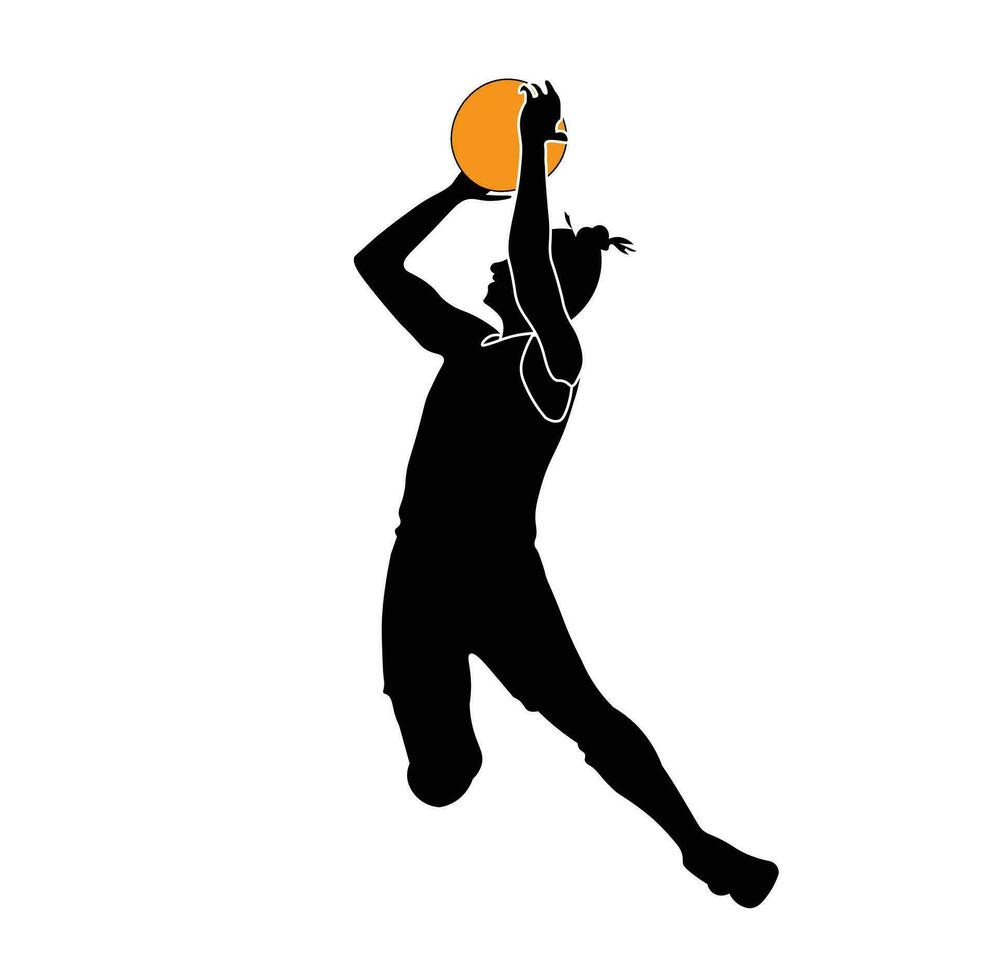 3d logotipo Projeto vetor ilustração. fêmea basquetebol atleta saltos para tiro a bola. Preto e branco silhueta estilo. adequado para camiseta projeto, cartazes, logotipos, ícones, promoções, empresas.