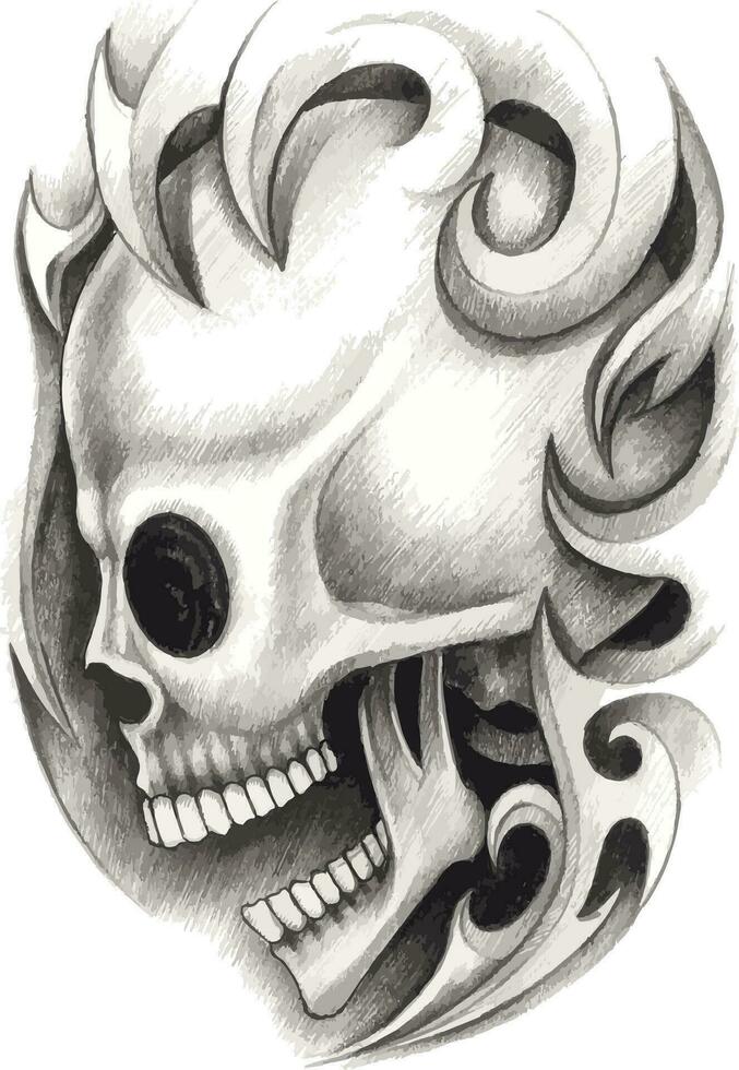 surreal crânio tatuagem mão desenhando e faço gráfico vetor. vetor