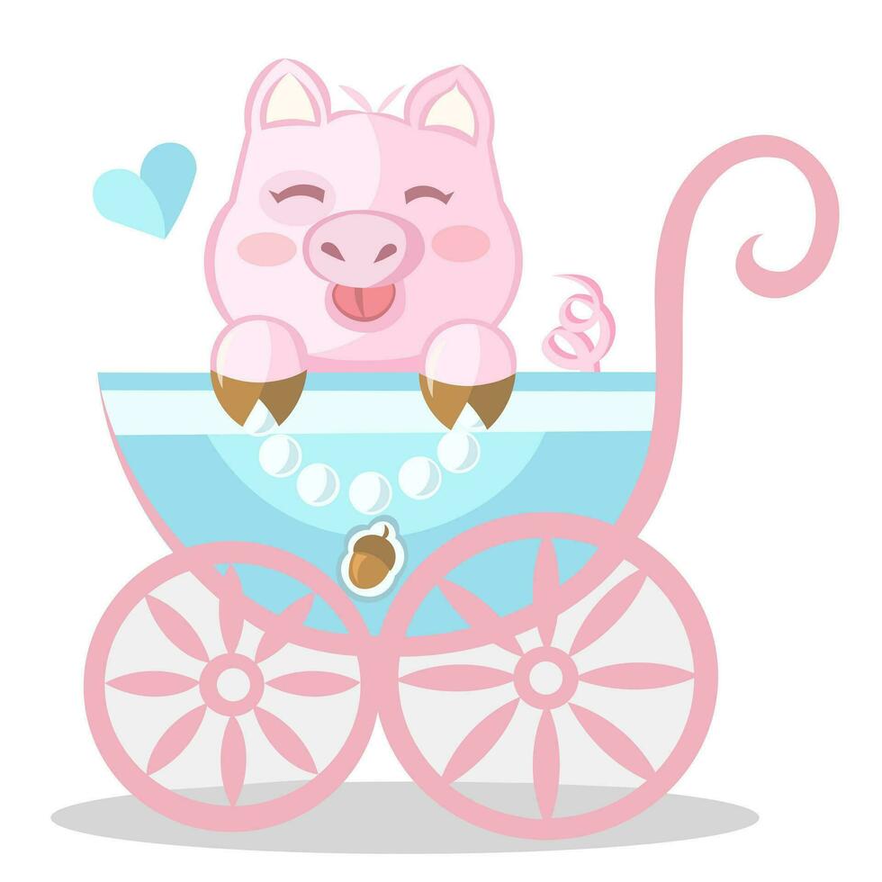 doce Rosa bebê porco dentro azul criança carrinho de criança com minúsculo bolota pingente. colori vetor ilustração
