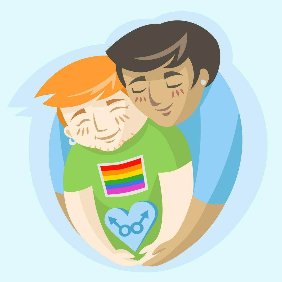 gay Rapazes dentro amor segurando masculino sinais dentro coração em azul fundo - vetor ilustração. lgbt orgulho gay e lésbica conceito