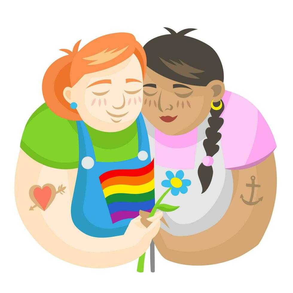 lgbt meninas dentro amor segurando arco Iris bandeira e flor - vetor ilustração. lgbt orgulho gay e lésbica conceito