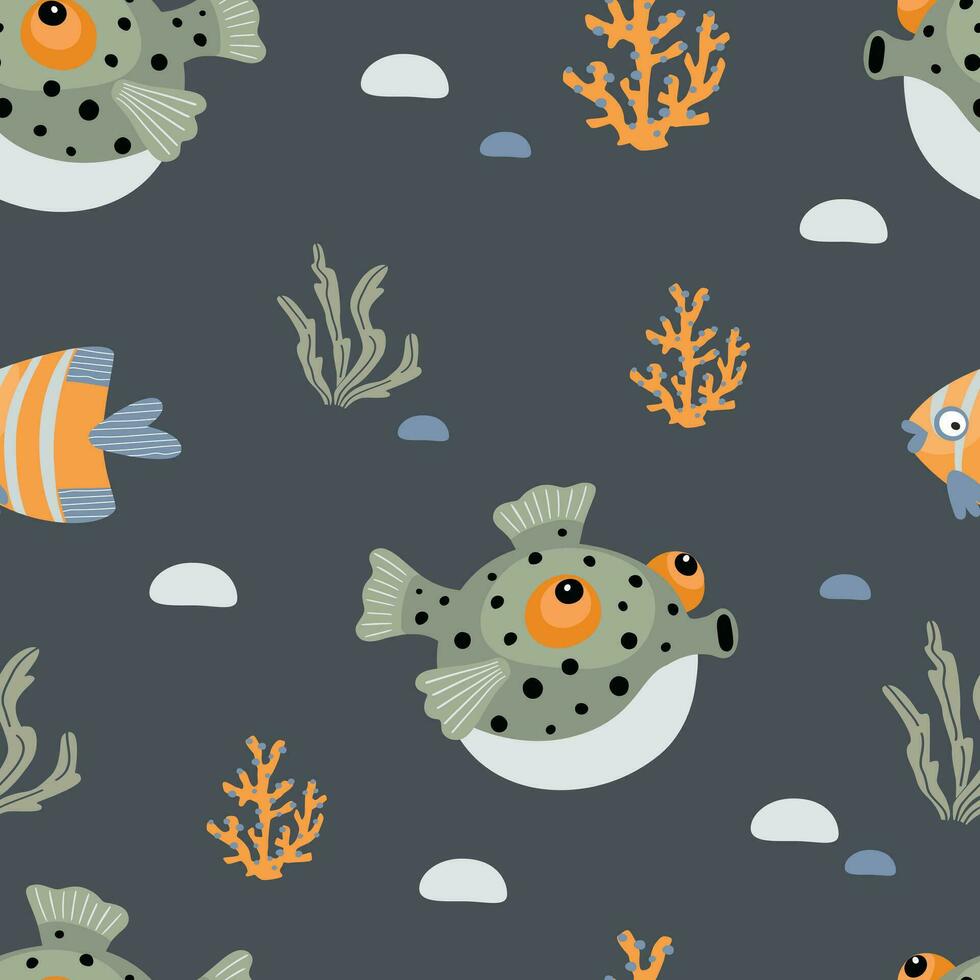 desatado padronizar com desenho animado peixe e mar corais em uma Sombrio fundo, vetor. vetor