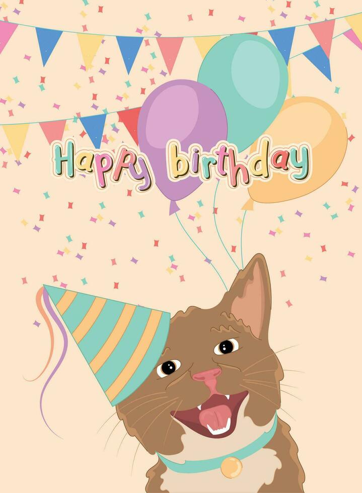 fofa aniversário por convite cartão com uma feliz gato vetor