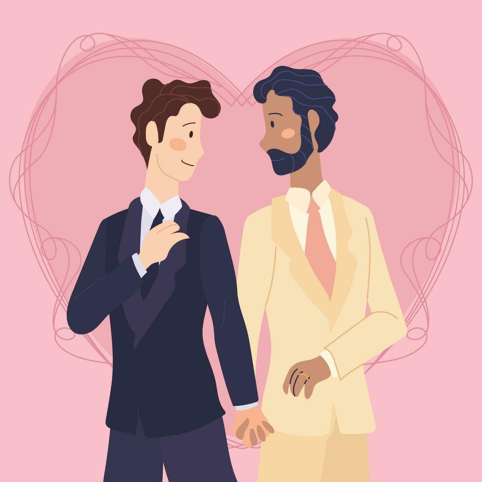 isolado fofa homossexual Casamento casal personagens em uma coração forma vetor