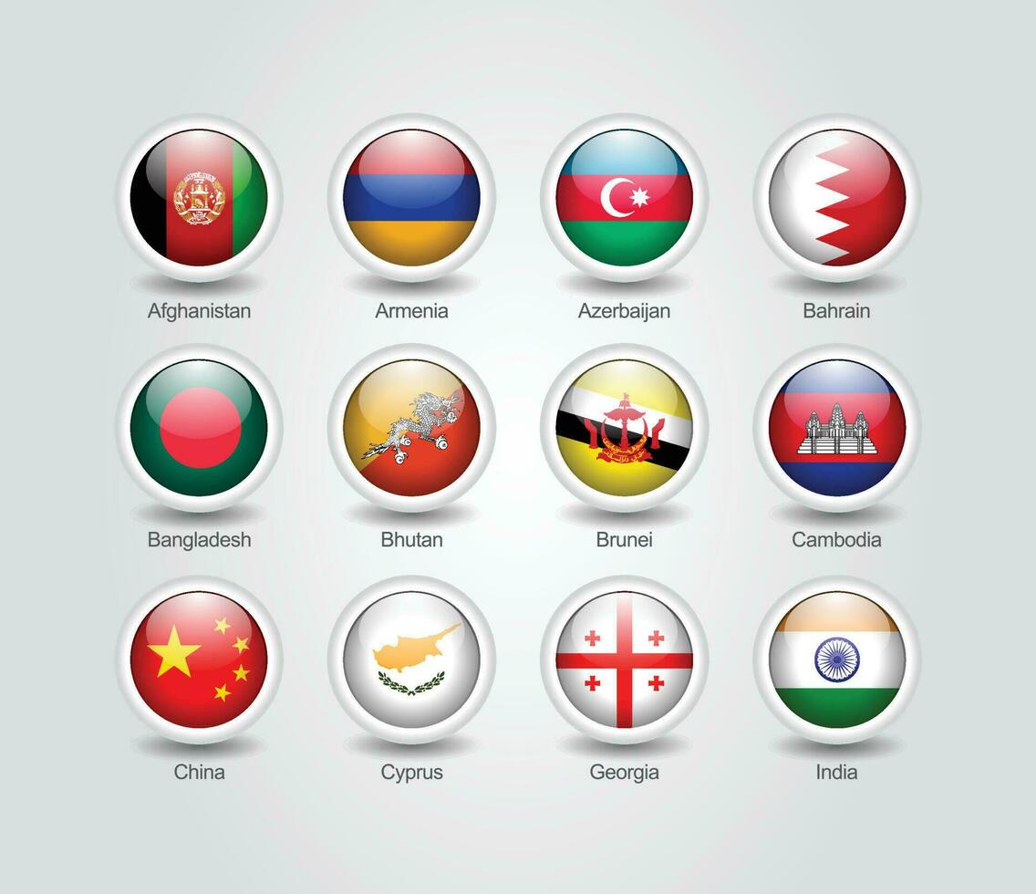 3d bandeira ícones lustroso círculo do ásia países vetor