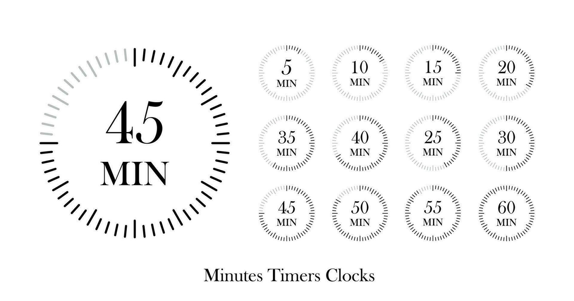 minutos temporizadores relógios conjunto , cronômetro definir, min ícone Projeto. vetor