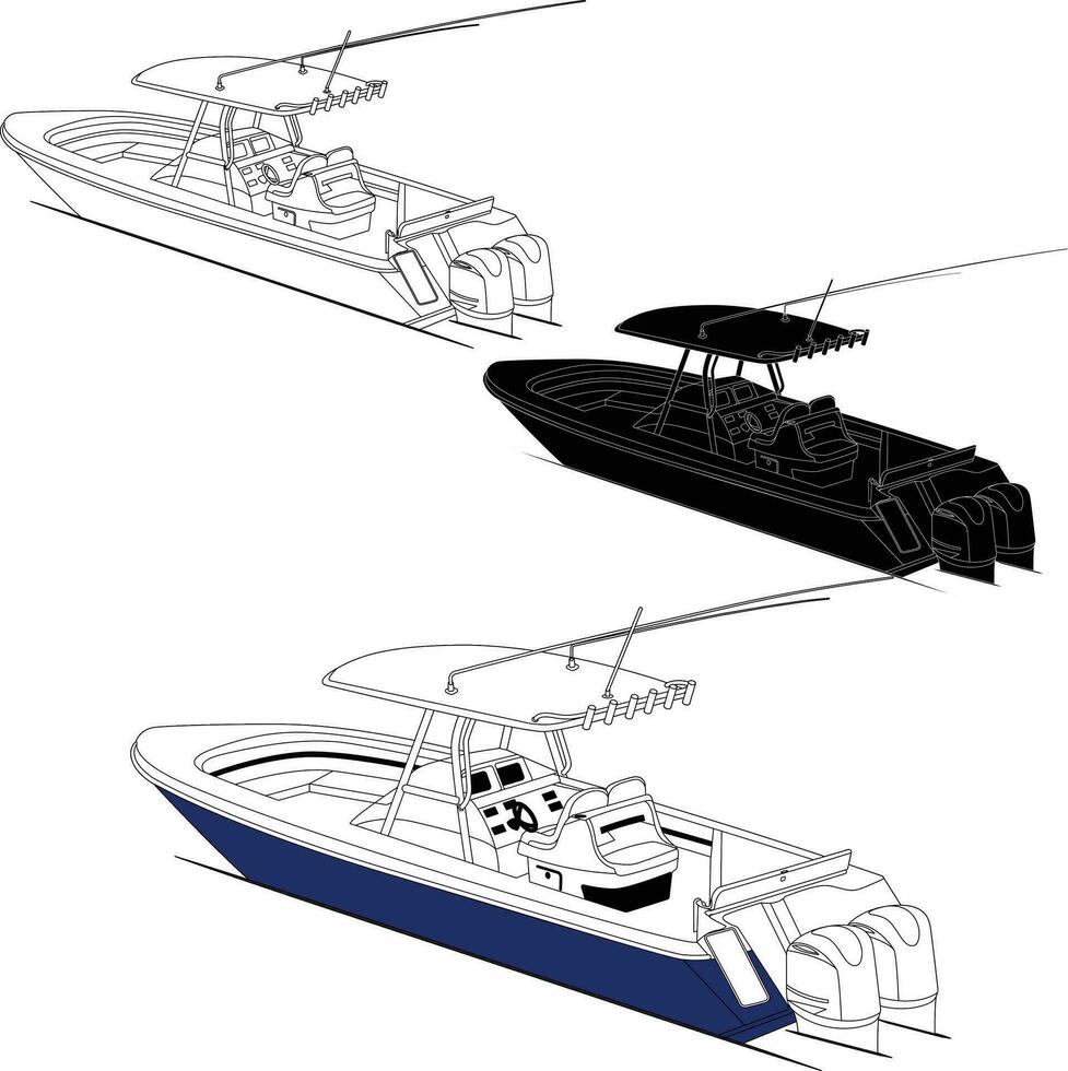 Alto qualidade linha desenhando vetor pescaria barco. preto, branco e cor ilustração