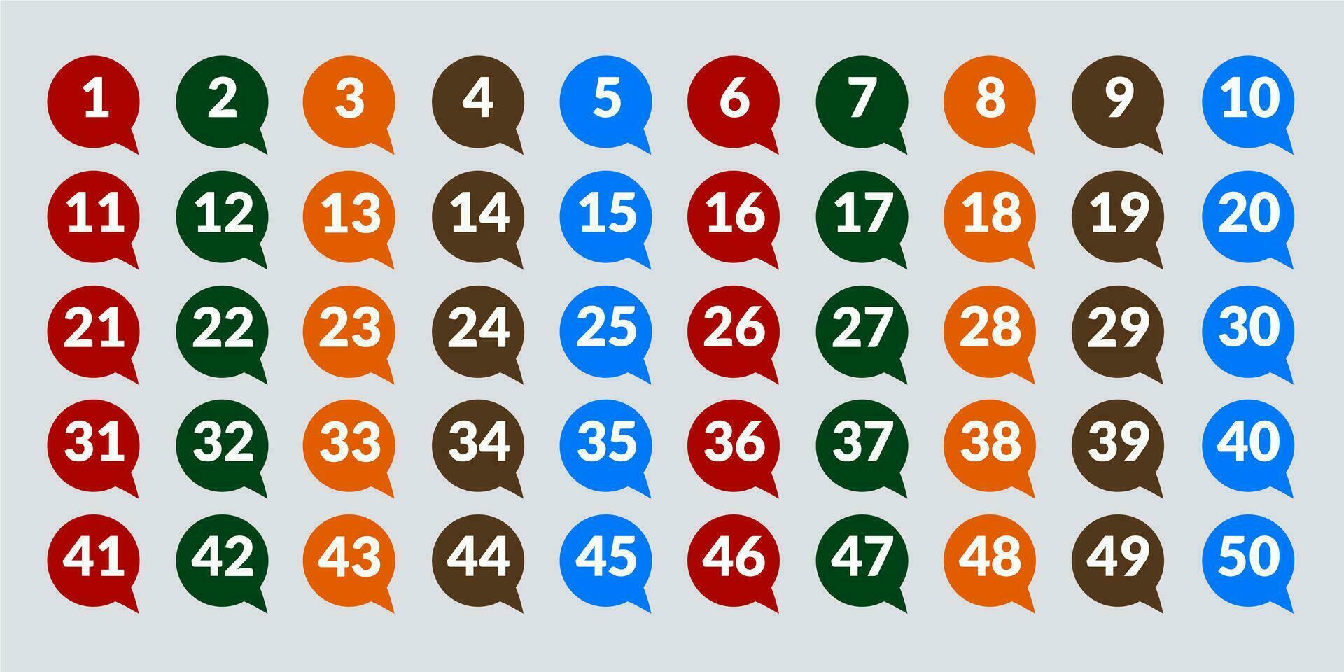 números 1 através cinquenta com colorida bolhas vetor