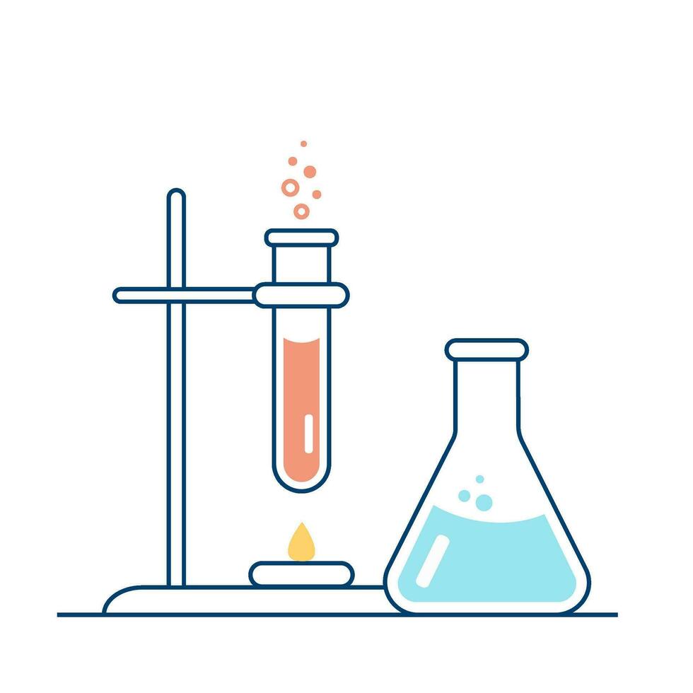 volta e fundo chato frascos, teste tubos com soluções e reagentes. químico reação. ilustração em a tema do química, biotecnologia, biologia. vetor