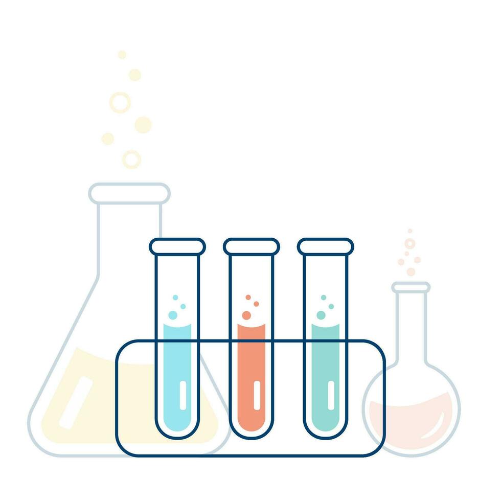 volta e fundo chato frascos, teste tubos com soluções e reagentes. químico reação. ilustração em a tema do química, biotecnologia, biologia. vetor