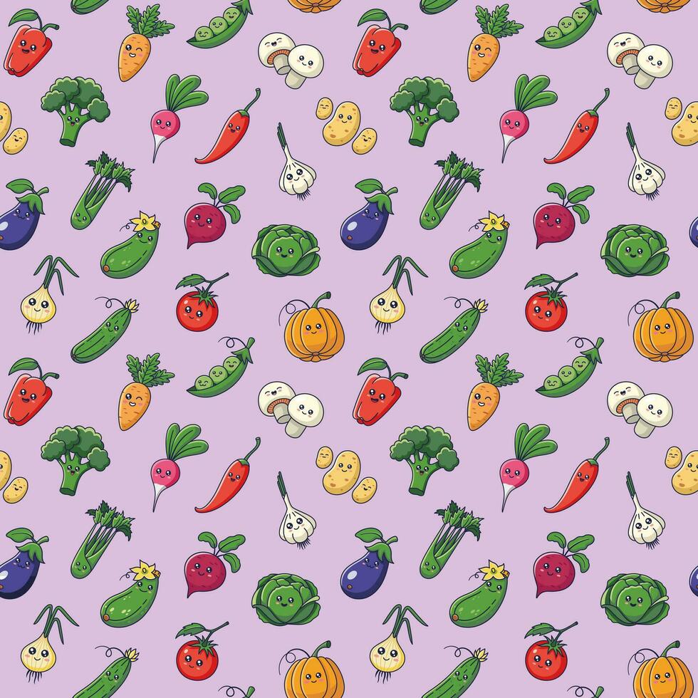 legumes desatado padronizar com kawaii personagens em lilás fundo. perfeito para vegano, vegetariano, papel de parede, Comida pano de fundo, tecido, invólucro papel, têxtil. desenho animado vetor ilustração.