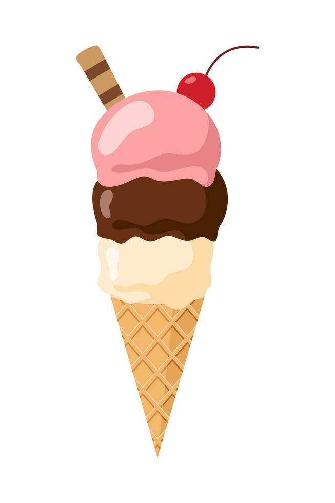gelo cremes plano ilustração, doce saboroso sobremesas, gelo creme waffle cones, picolés com diferente coberturas desenho animado vetor ilustração