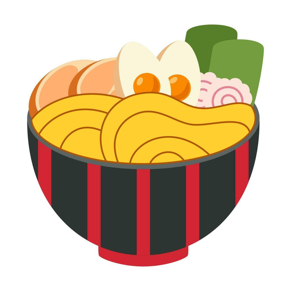 vetor ilustração do delicioso japonês ramen macarrão em tigela com plano estilo. tradicional ásia macarrão sopa. ramen com ovos e camarão. a Macarrão estão suspensão em Gravetos. Oriental cozinha.