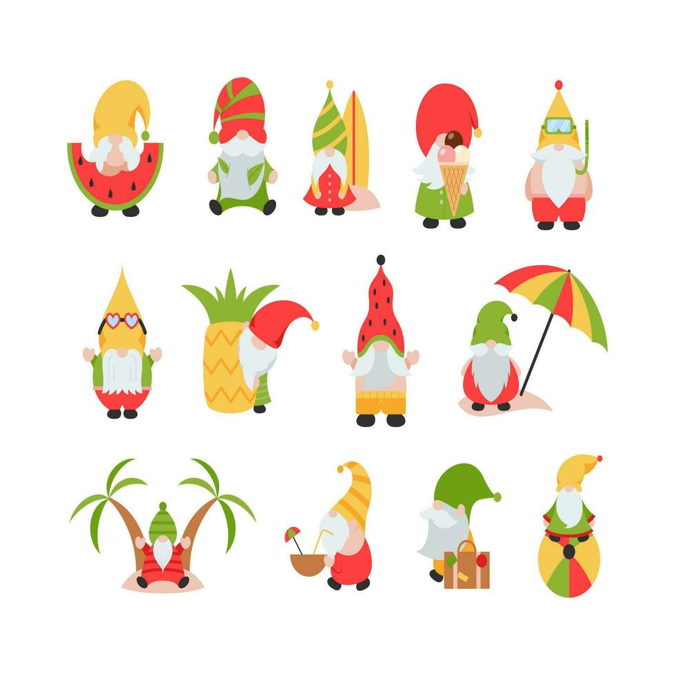 fofa verão gnomos. Olá verão de praia festa com fofa gnomos isolado em branco. surfar gnomo personagem, desenho animado ilustração. vetor