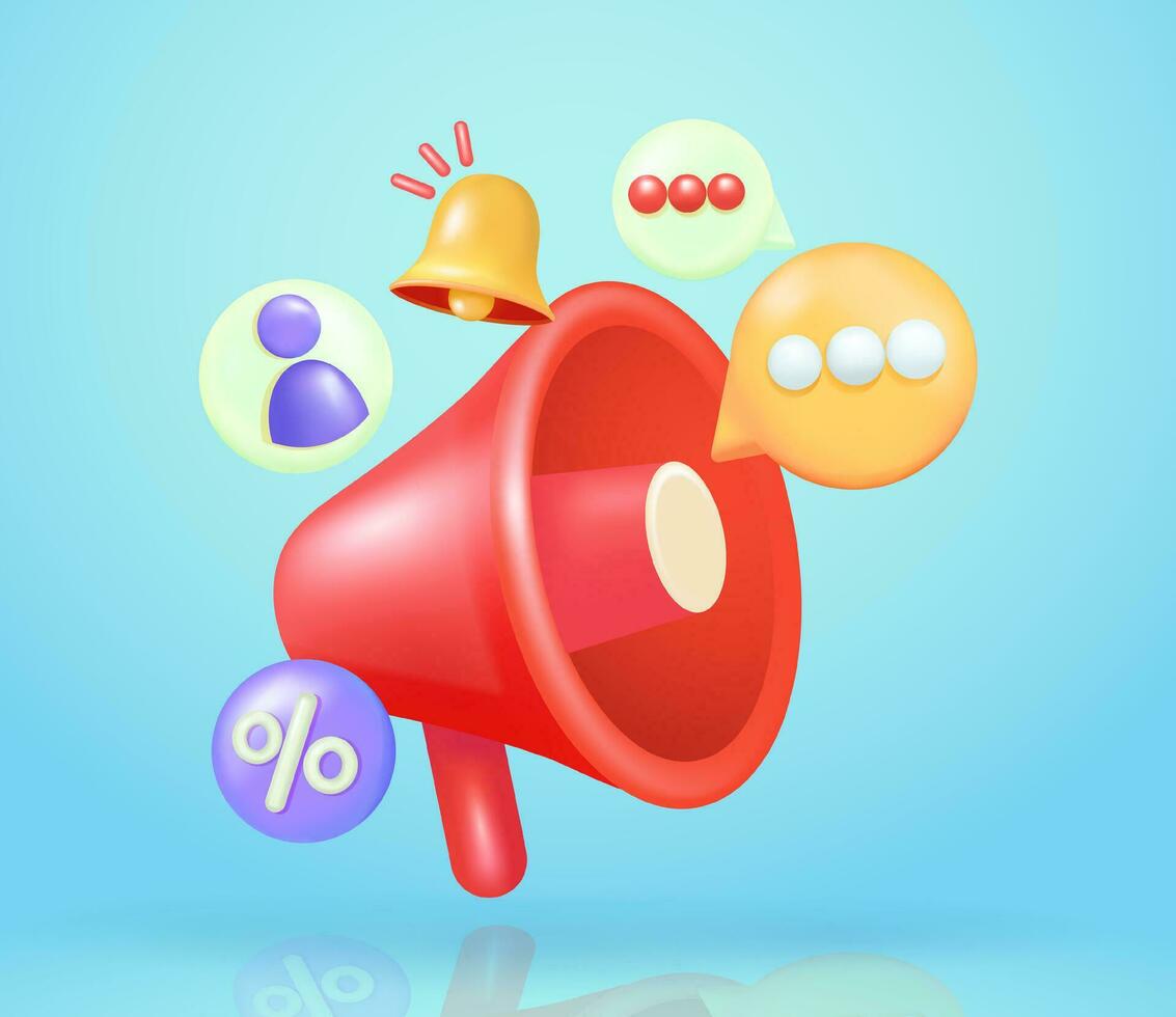 megafone alto falante com notificação Sino ícone, perfil, discound e texto balão ícone 3d vetor elementos. perfeito para promocional avisos e social meios de comunicação