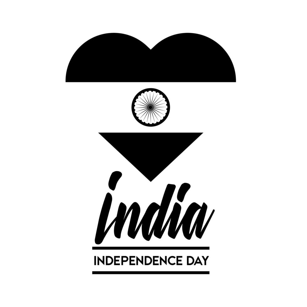 celebração do dia da independência da Índia com bandeira no estilo de silhueta de coração vetor