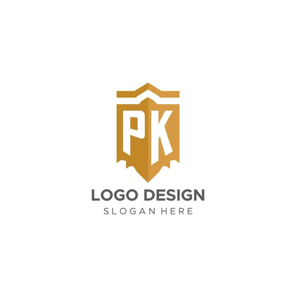 monograma pk logotipo com escudo geométrico forma, elegante luxo inicial logotipo Projeto vetor