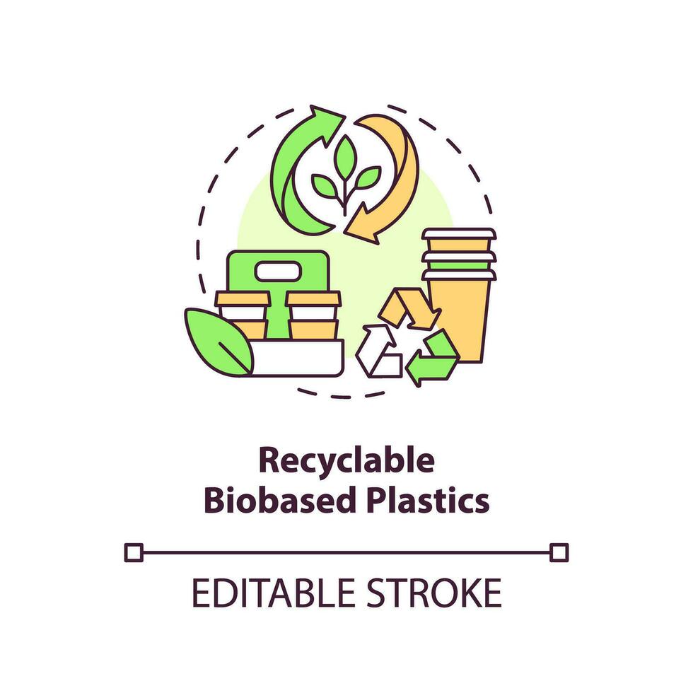 reciclável de base biológica plásticos conceito ícone. desperdício gerenciamento. biodegradável embalagem idéia fino linha ilustração. isolado esboço desenho. editável acidente vascular encefálico vetor