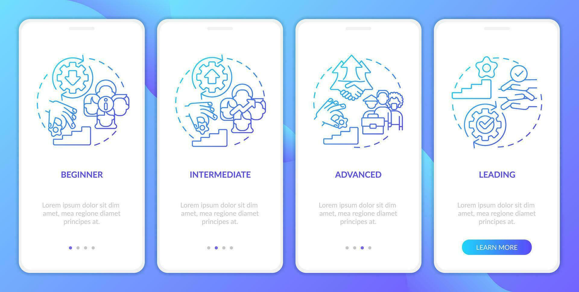dei programa maturidade estágios azul gradiente onboarding Móvel aplicativo tela. passo a passo 4 passos gráfico instruções com linear conceitos. interface do usuário, ux, gui modelo vetor