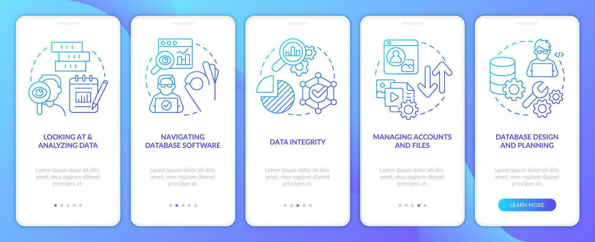 dados mestre Habilidades azul gradiente onboarding Móvel aplicativo tela. analytics passo a passo 5 passos gráfico instruções com linear conceitos. interface do usuário, ux, gui modelado vetor