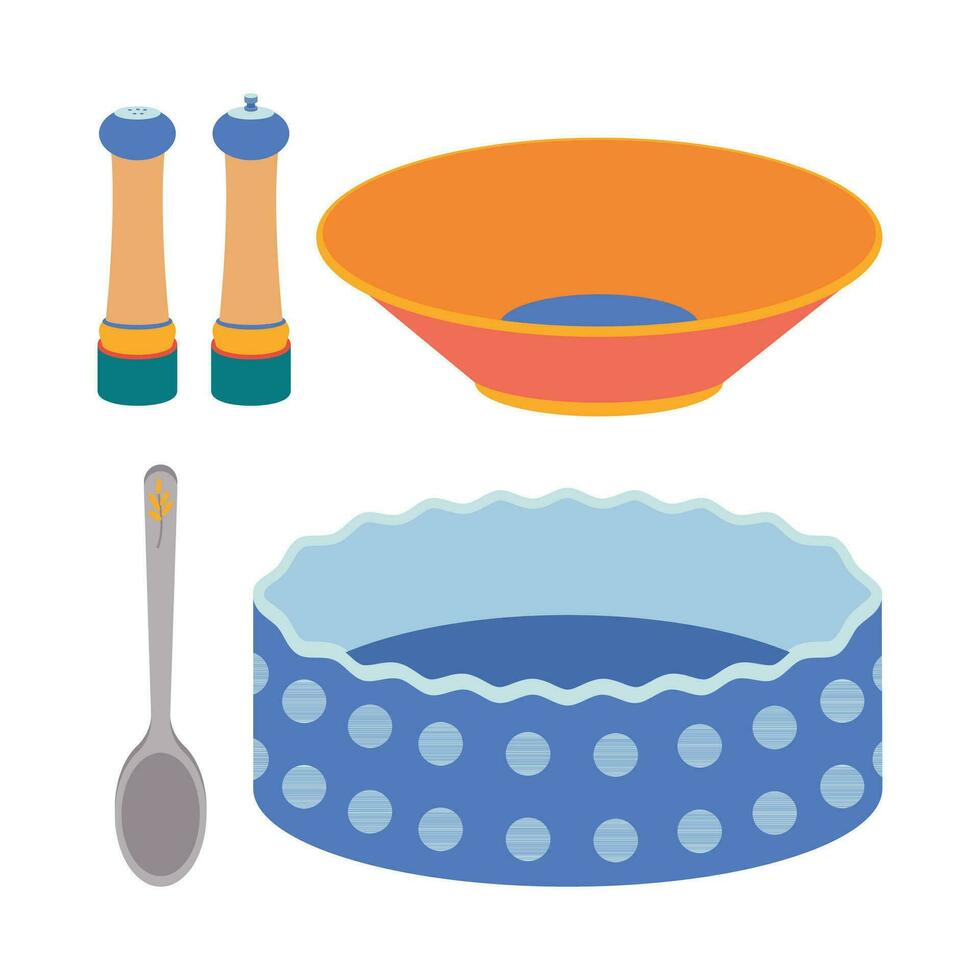 uma conjunto do cozinha utensílios, sal e Pimenta agitador, uma colher, uma tigela, uma cozimento prato. vetor