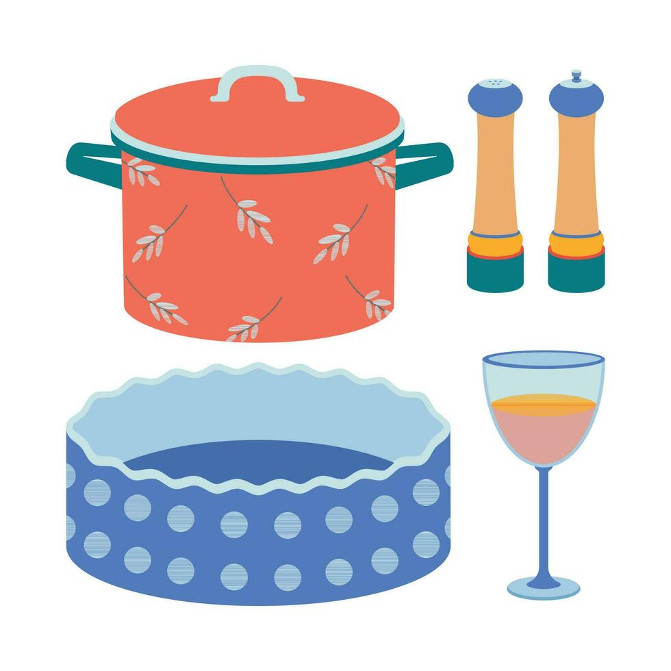 uma conjunto do cozinha utensílios, sal e Pimenta agitador, uma panela, uma cozimento prato, óculos para vinho. vetor
