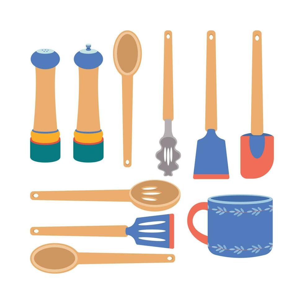 uma conjunto do cozinha utensílios, uma colher, uma caneca, uma concha, espátula, sal e Pimenta agitador. vetor