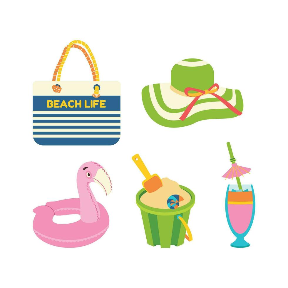 de praia bolsa, chapéu, coquetel, inflável círculo dentro a forma do uma flamingo, uma balde com areia, uma pá e uma concha. vetor